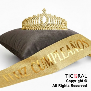 SET VINCHA Y BANDA FELIZ CUMPLEA�OS STRASS ORO (10547C) X 1